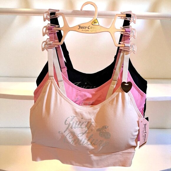 Juicy Couture 2X 3-Pack Glitter Logo Removable Pad Bras Pink & Black NWT - Picture 3 of 13